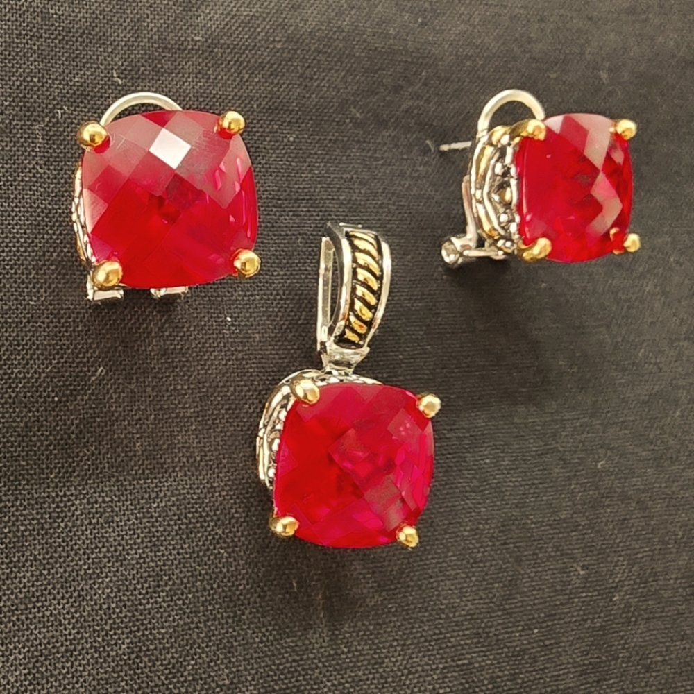 Ruby Rhinestone Pendant And Earring Set - image 1